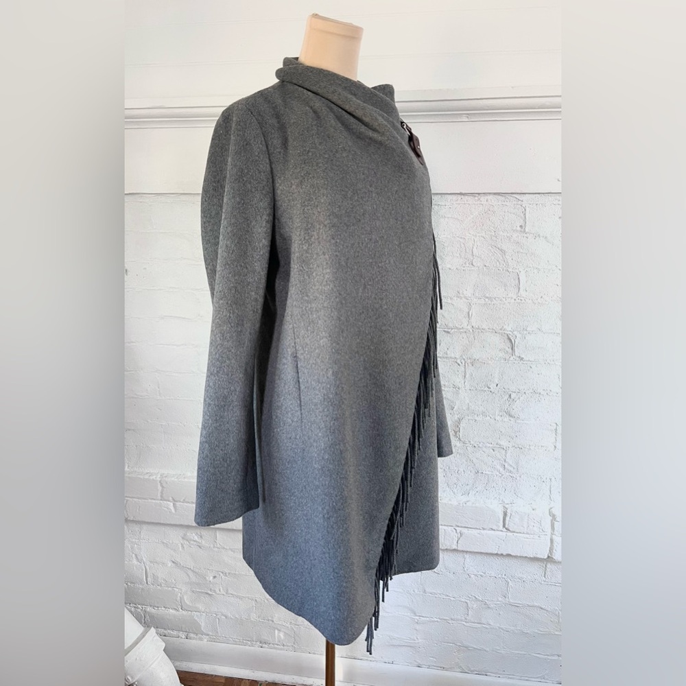 Lauren Ralph Lauren Fringe Wrap Coat Heather Gray Wool Blend Mid Length Size 6 - Picture 7 of 14